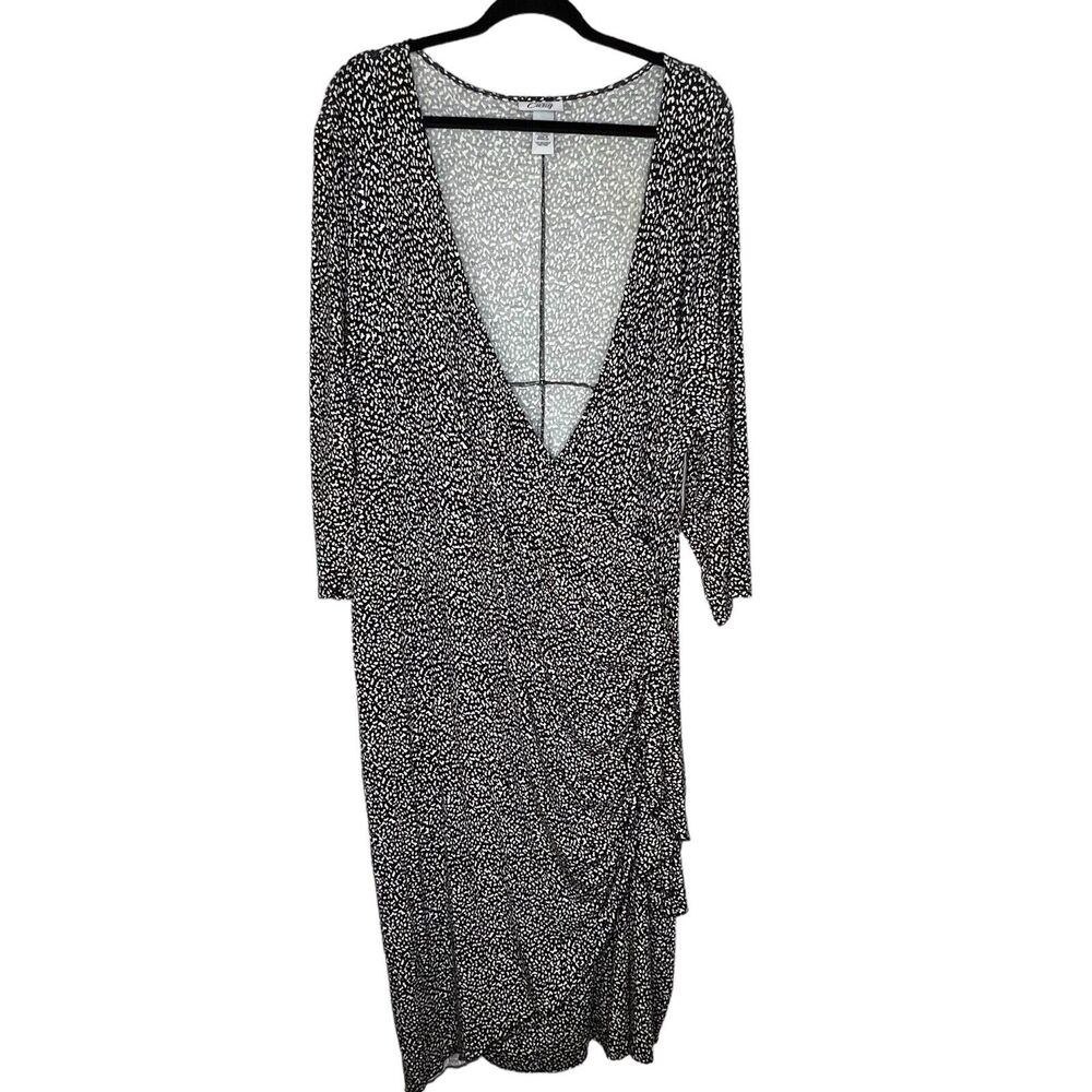 Catherines Womens 3X Black White Faux Wrap V neck Midi Jersey Dress
